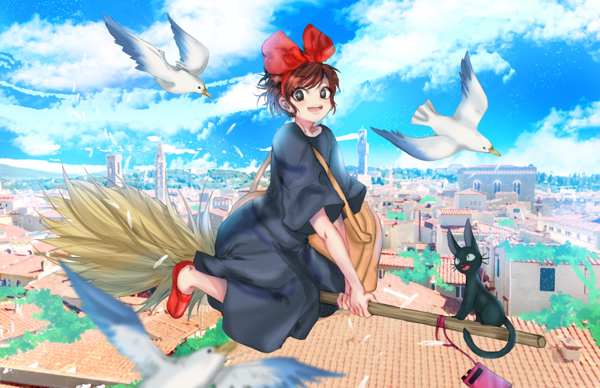 1girl animal bag black_cat black_dress blush bow broom broom_riding brown_hair cat commentary_request delivery dress fantasy hair_bow hairband jiji_(majo_no_takkyuubin) kiki looking_at_viewer majo_no_takkyuubin open_mouth ribbon short_hair smile studio_ghibli tiffany-tees witch