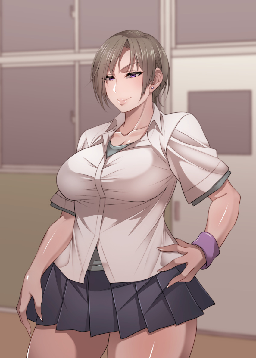 1girl blue_skirt blush earrings eyebrows_visible_through_hair highres jewelry korotsuke kuramachi_akira light_brown_hair original pleated_skirt purple_eyes school_uniform shirt short_hair skirt smile solo