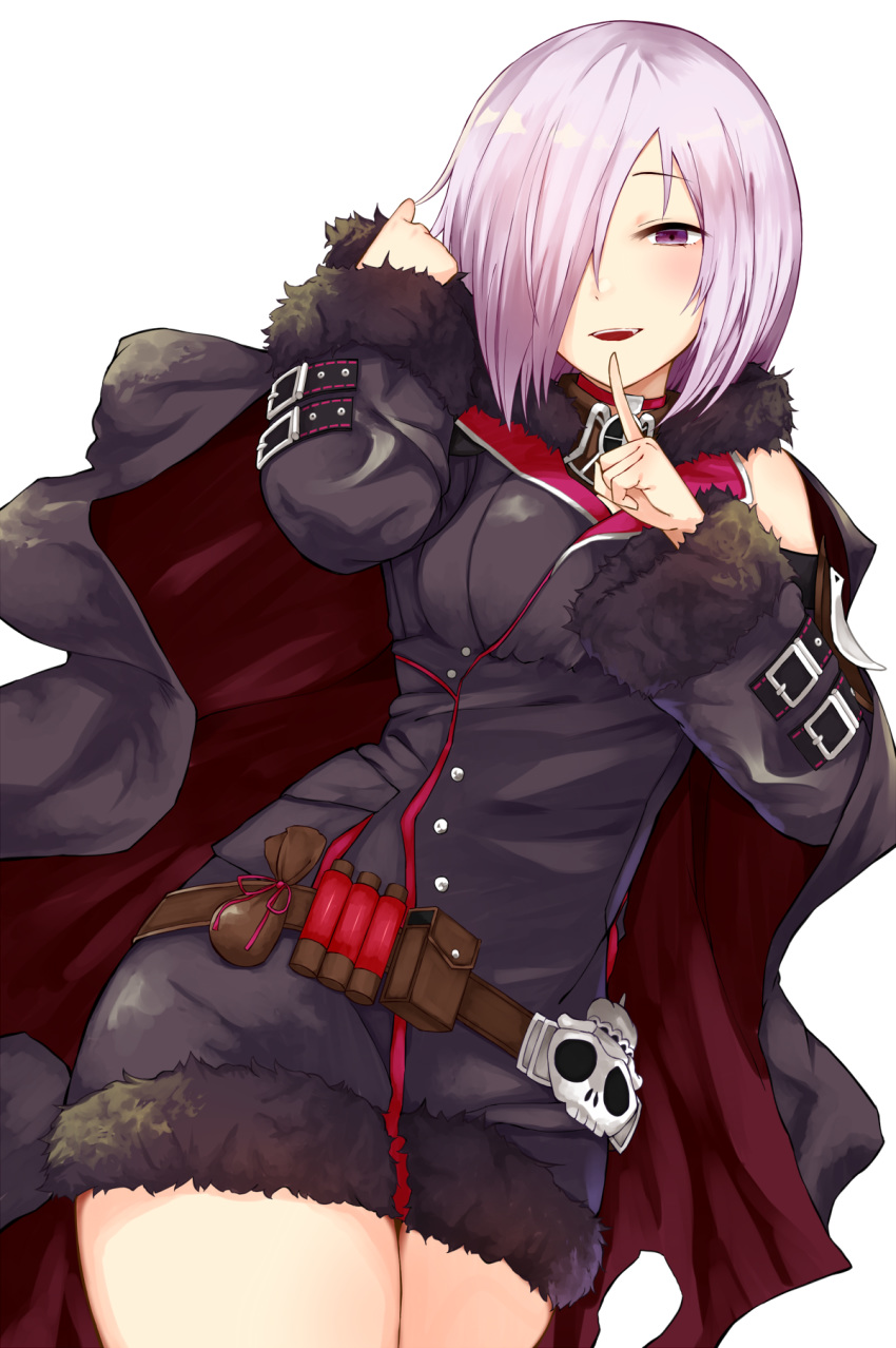 1girl bare_shoulders breasts cape choker fur_trim grin hair_over_one_eye highres hood hoodie large_breasts long_sleeves looking_at_viewer purple_eyes purple_hair shadowverse shingeki_no_bahamut short_hair smile solo thighhighs wizardess_of_oz yamato_(muchuu_paradigm)