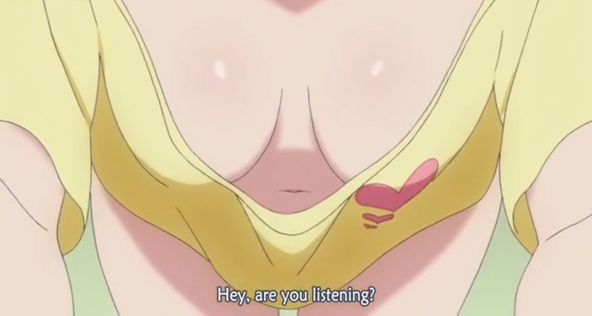 00s 1girl breasts downblouse extended_downblouse from_above head_out_of_frame indoors medium_breasts naked_shirt navel no_bra pov sairenji_haruna screencap shirt solo subtitled to_love-ru