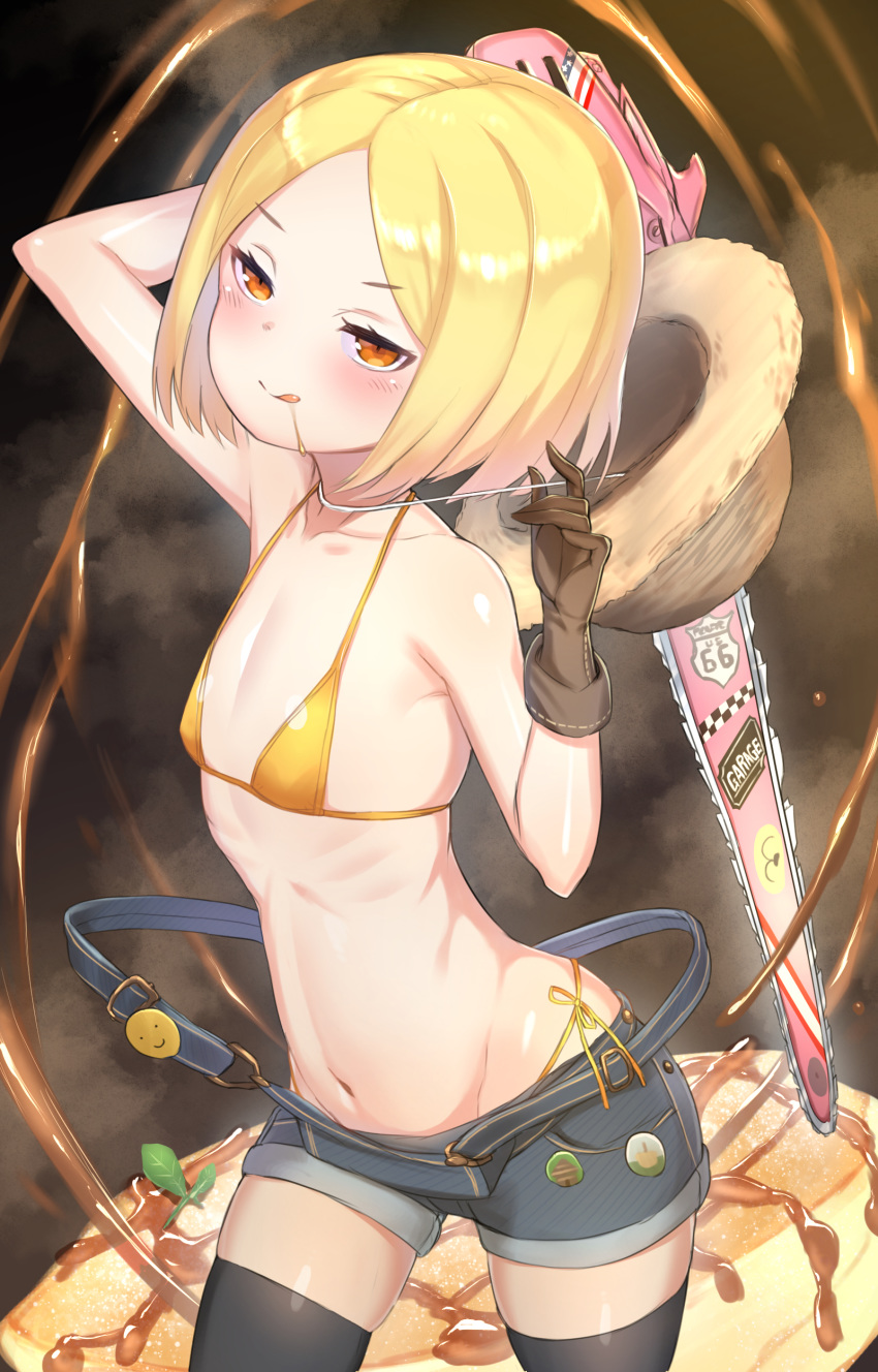 1girl :p absurdres bikini bikini_top black_legwear blonde_hair blush breasts brown_eyes brown_gloves chainsaw collarbone cowboy_shot denim denim_shorts fate_(series) gloves groin hat headwear_removed highres naughty_face navel off_shoulder paul_bunyan_(fate/grand_order) shiny shiny_skin short_hair short_shorts shorts side-tie_bikini skindentation small_breasts smile solo stomach straw_hat suspenders swimsuit syrup thighhighs tongue tongue_out unizou yellow_bikini yellow_bikini_top