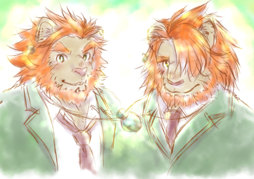2019 anthro blush clothing duo felid green_eyes hi_res lion male mammal necktie oz_(tas) pantherine shirt toji_kun tokyo_afterschool_summoners video_games