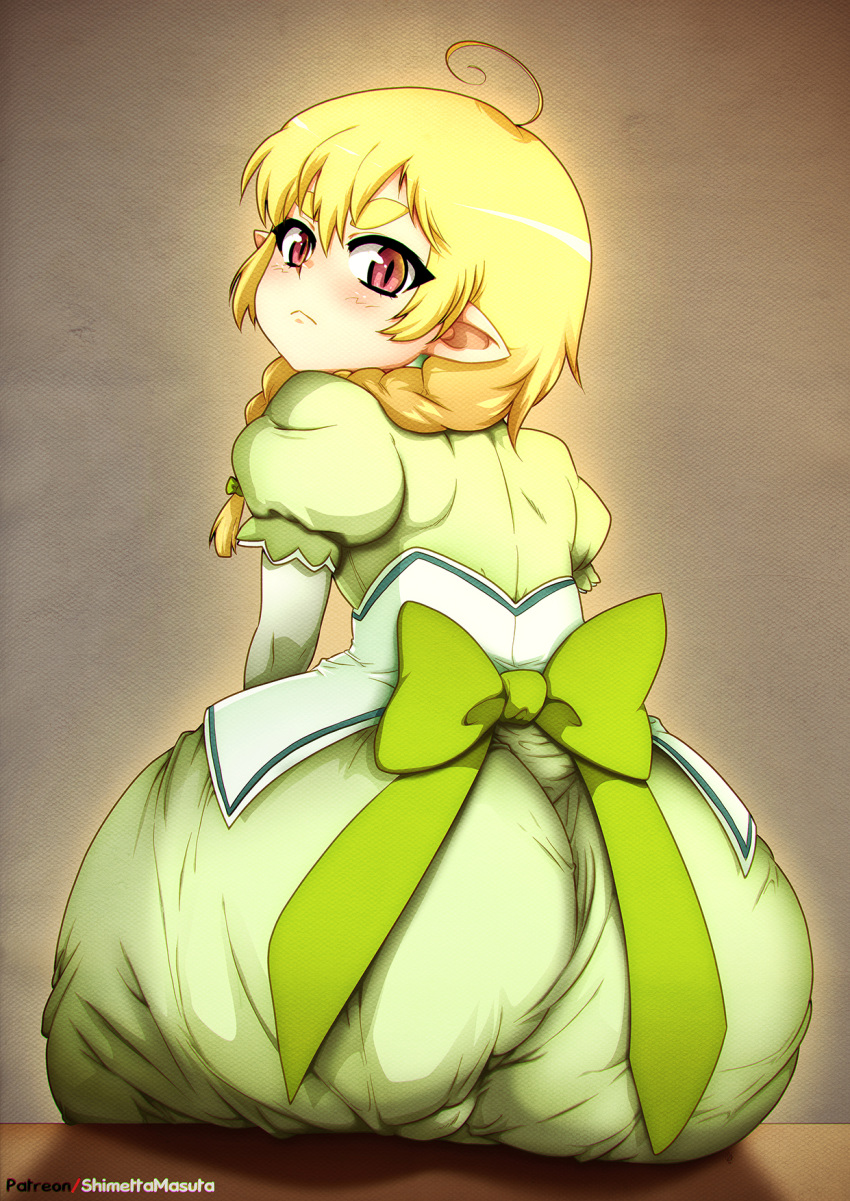 1girl ahoge ass blonde_hair bow braid character_request child closed_mouth dress female flat_chest glowing highres huge_ass long_hair looking_at_viewer looking_back lotte_no_omocha! pointy_ears puffy_short_sleeves puffy_sleeves shimetta_masuta short_sleeves sitting solo thick_eyebrows watermark wide_hips