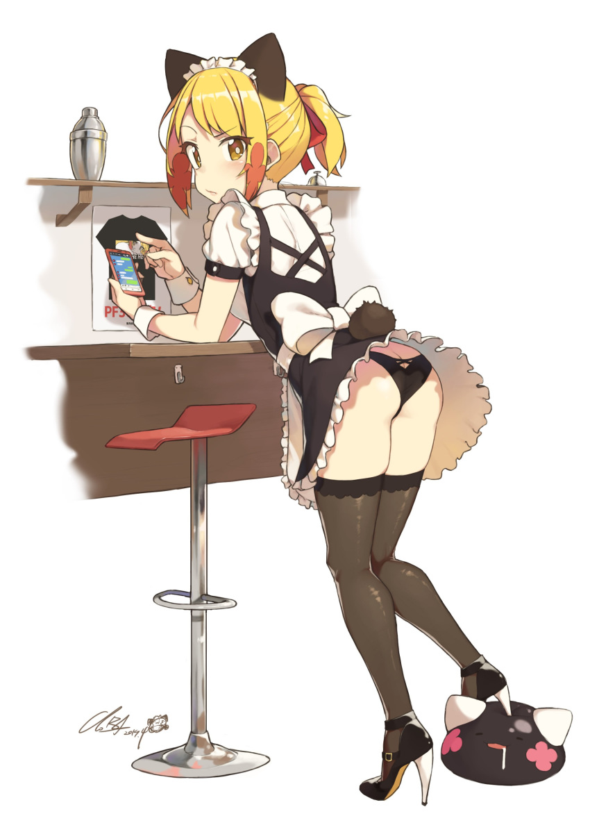 1girl absurdres animal_ears ass bent_over black_footwear black_legwear black_panties blonde_girl_(cloba) blonde_hair breasts cellphone cloba closed_mouth dated dress frilled_dress frills from_behind hair_ribbon headdress high_heels highres holding holding_phone long_hair looking_at_viewer looking_back maid original panties phone red_ribbon ribbon short_sleeves sidelocks signature skindentation smartphone solo standing stool tail thighhighs underwear white_ribbon wrist_cuffs yellow_eyes