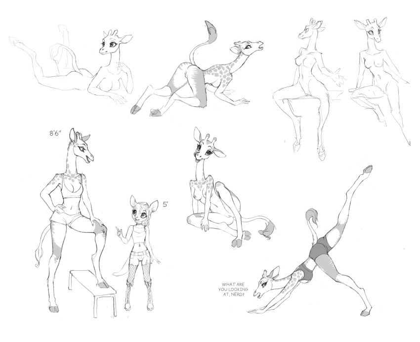 all_fours anthro breasts clothed clothing cloven_hooves coonkun dialogue digitigrade female fur giraffe giraffid hi_res hooves horn licking licking_lips looking_at_viewer mammal marsupial midriff multiple_images navel nipples nude open_mouth pussy sitting size_difference sketchpage smile spots spotted_fur tongue tongue_out underwear