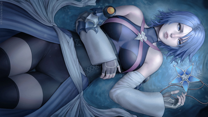 1girl aqua_(kingdom_hearts) arm_across_waist black_legwear blue_eyes blue_hair breast_grab cameltoe detached_sleeves fingerless_gloves gloves gluteal_fold grabbing jewelry kingdom_hearts kingdom_hearts_birth_by_sleep lying on_back pendant ripples sash sciamano240 short_hair short_shorts shorts solo strap swimsuit thigh_gap thighhighs water