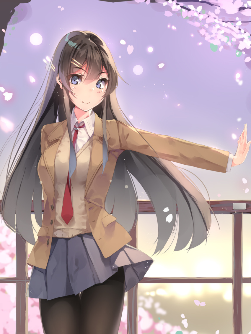 1girl black_hair black_legwear blazer blue_eyes blue_skirt blush breasts cherry_blossoms hair_between_eyes highres jacket long_hair medium_breasts outstretched_arm pantyhose railing red_neckwear sakurajima_mai seishun_buta_yarou skirt smile solo thigh_gap thighband_pantyhose wind wind_lift yumemi_(kiowa)