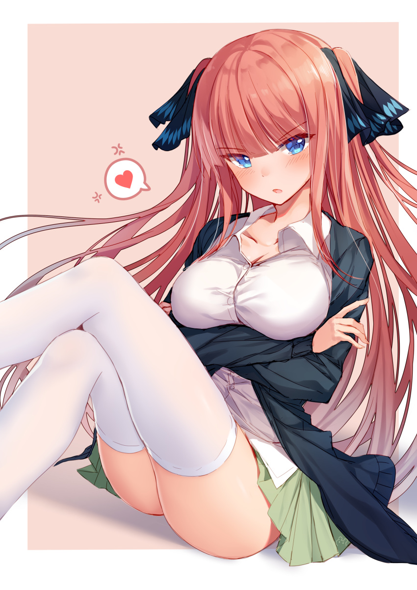 1girl :o absurdres anger_vein ass bison_cangshu black_jacket blue_eyes blush breasts buttons cleavage collarbone collared_shirt commentary_request crossed_arms dress_shirt go-toubun_no_hanayome green_skirt hair_ornament heart highres jacket knees_up large_breasts legs_crossed long_hair long_sleeves looking_at_viewer miniskirt nakano_nino open_clothes open_jacket parted_lips pleated_skirt red_hair school_uniform shirt sitting skirt solo spoken_heart thighhighs two_side_up v-shaped_eyebrows very_long_hair white_legwear white_shirt