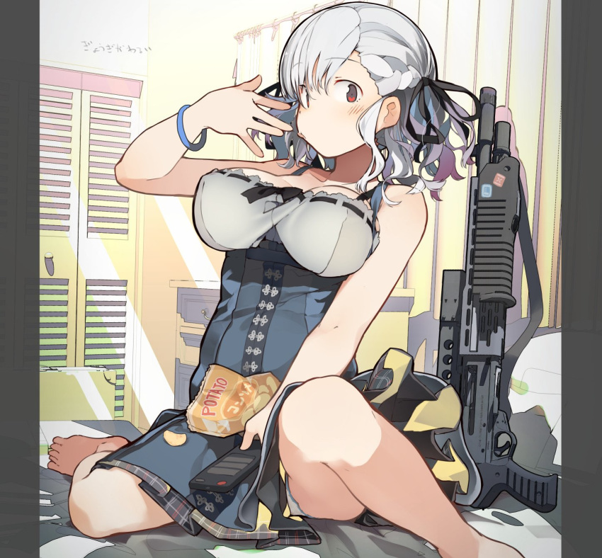 1girl barefoot bed bedroom bracelet breasts chips controller curtains food fuu_fuu girls_frontline grey_hair gun hair_ribbon highres jewelry large_breasts looking_at_viewer potato_chips red_eyes remote_control ribbon shotgun skirt sleeveless solo spas-12 spas-12_(girls_frontline) translation_request weapon
