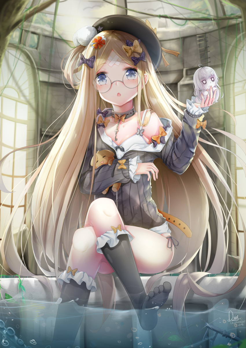 abigail_williams_(fate/grand_order) absurdres bandaid_on_forehead bangs black_bow black_headwear black_shirt blonde_hair blue_eyes blush bow breasts collar crossed_bandaids fate/grand_order fate_(series) feet forehead glasses hair_bow highres holding holding_stuffed_animal key lavinia_whateley_(fate/grand_order) legs legs_crossed long_hair looking_at_viewer off_shoulder open_mouth orange_bow parted_bangs pedo0201 polka_dot polka_dot_bow ribbed_shirt shirt sitting small_breasts stuffed_animal stuffed_toy teddy_bear thighs water white_camisole window