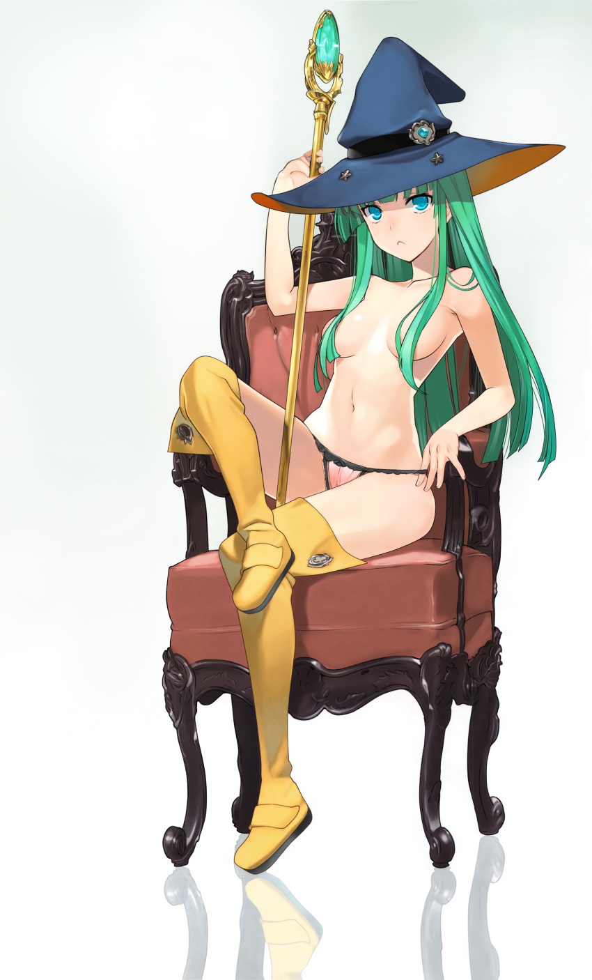 1girl :&lt; absurdres aqua_eyes armchair bangs bare_arms bare_shoulders blue_headwear boots breasts breasts_apart chair closed_mouth collarbone detexted fingernails full_body green_hair hair_censor hair_over_breasts hat highres legs_crossed long_hair looking_at_viewer masou_shizuka navel orion_(orionproject) panties panty_pull pink_panties pulled_by_self rance_(series) rance_vi reflective_floor scan simple_background sitting small_breasts solo staff stomach thigh_boots thighhighs third-party_edit topless underwear underwear_only witch_hat yellow_footwear