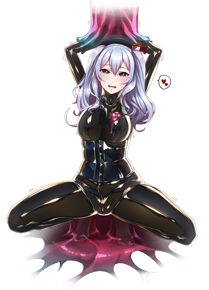 1girl absurdres beret black_bodysuit black_headwear blue_eyes bodysuit breasts hat heart hiememiko highres kantai_collection kashima_(kantai_collection) large_breasts latex latex_suit shiny shiny_clothes sidelocks silver_hair skin_tight solo spoken_heart spread_legs squatting sweat twintails wavy_hair white_background