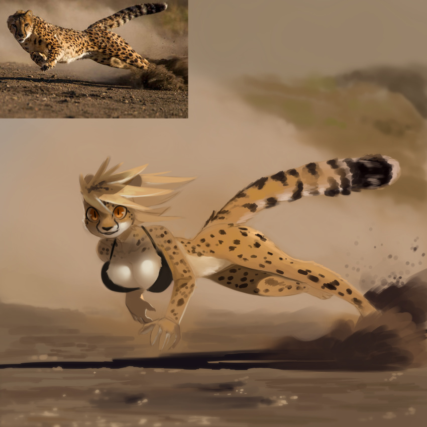 absurd_res anthro blonde_hair bottomless bra breasts cheetah clothed clothing felid feline female fur hair hi_res looking_at_viewer mammal outside real shnider solo underwear