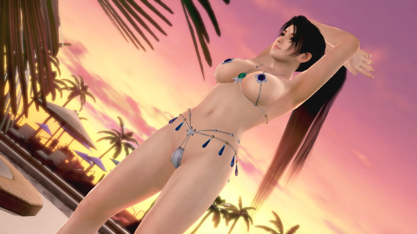 1girl 3d armpits arms_up bikini breasts cloud dead_or_alive highres large_breasts micro_bikini momiji_(ninja_gaiden) navel outdoors sky solo swimsuit tagme venus_bikini