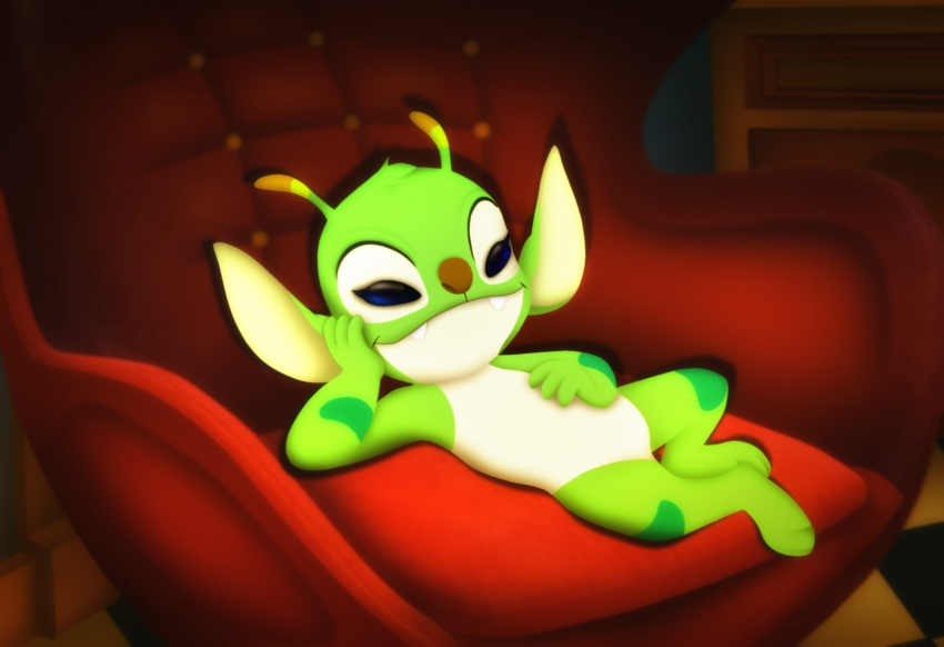 2019 alien alternate_version_at_source amegared antennae arm_markings blue_eyes bonnie_(lilo_and_stitch) brown_nose chair dipstick_antennae disney experiment_(species) eyelashes fangs female fur green_fur head_tuft hi_res leg_markings lilo_and_stitch markings pose solo tuft
