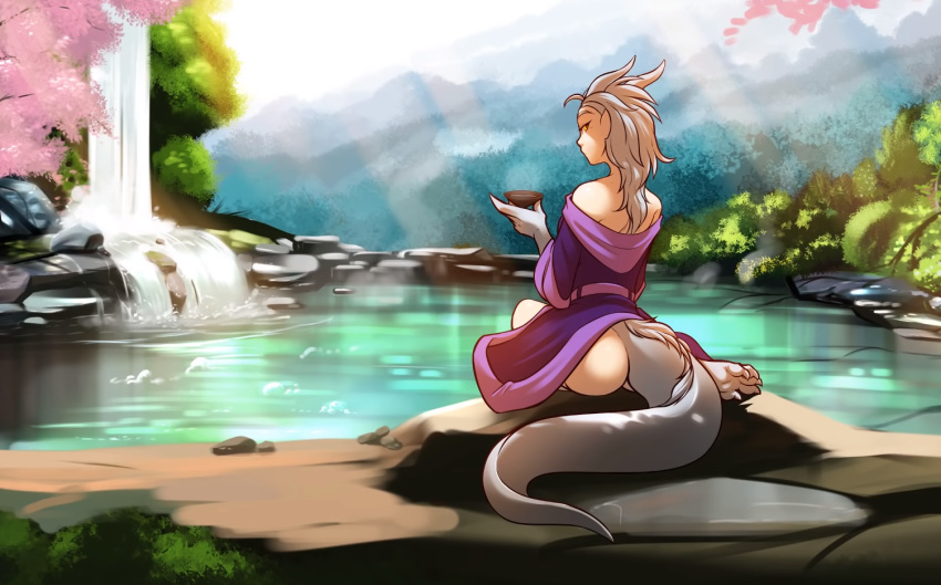 animal_humanoid beverage butt clothing dragon dragon_humanoid female grey_hair hair humanoid hybrid lady_nora lake looking_at_viewer loose_clothing mountain nature outside robe silver_hair sitting solo tom_fischbach twokinds waterfall webcomic yellow_eyes