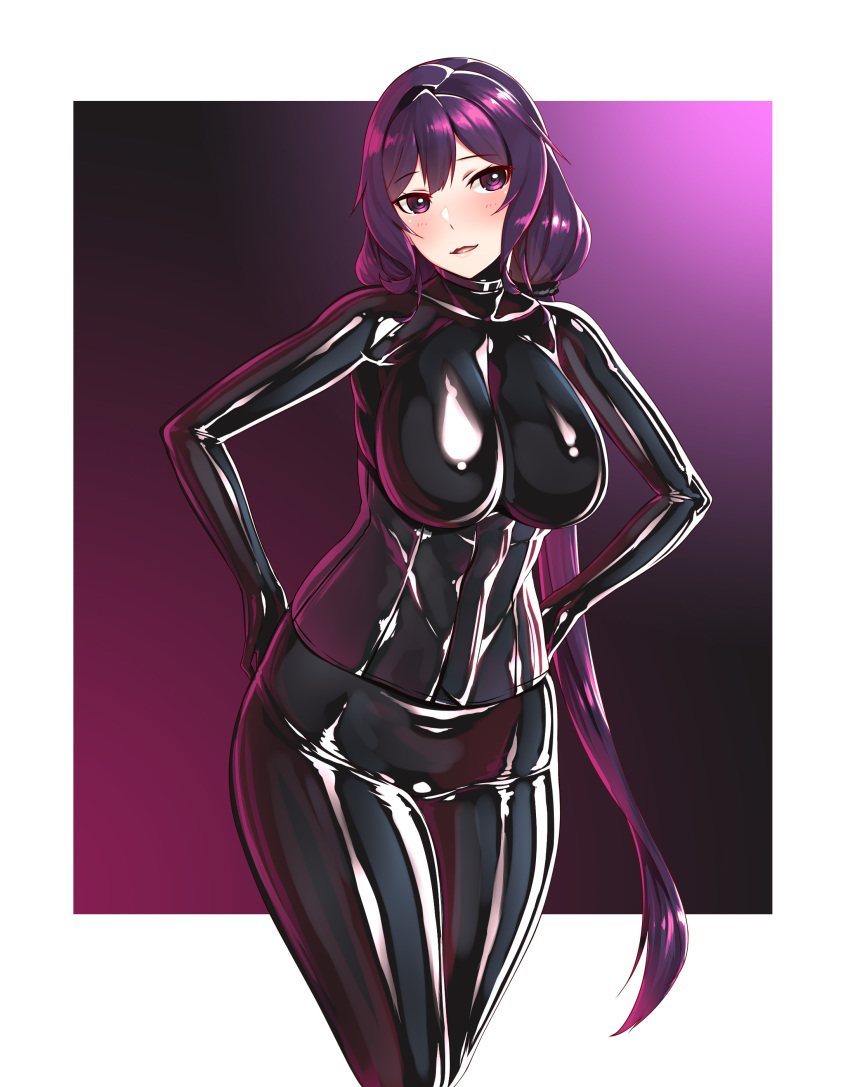 1girl absurdres bodysuit breasts cowboy_shot female_admiral_(kantai_collection) hiememiko highres kantai_collection large_breasts latex latex_suit long_hair open_mouth purple_eyes purple_hair shiny shiny_clothes skin_tight smile solo