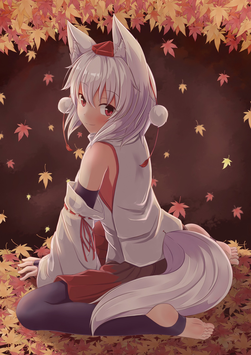 1girl animal_ear_fluff animal_ears autumn_leaves bangs banned_artist bare_shoulders black_gloves black_legwear blush bridal_gauntlets brown_background commentary_request detached_sleeves elbow_gloves eyebrows_visible_through_hair full_body gloves hair_between_eyes hat highres inubashiri_momiji leaf long_sleeves looking_at_viewer looking_back oohirakeisuke pantyhose pom_pom_(clothes) red_eyes red_skirt ribbon-trimmed_sleeves ribbon_trim shadow shirt short_hair silver_hair sitting skirt smile solo tail tassel tokin_hat touhou wariza white_shirt wide_sleeves wolf_ears wolf_tail