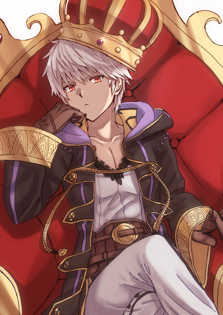 1boy chair crown dark_persona fire_emblem fire_emblem:_kakusei fire_emblem_heroes gimurei gloves highres hood looking_at_viewer male_my_unit_(fire_emblem:_kakusei) my_unit_(fire_emblem:_kakusei) nagisa_fe nintendo red_eyes robe short_hair simple_background solo white_hair