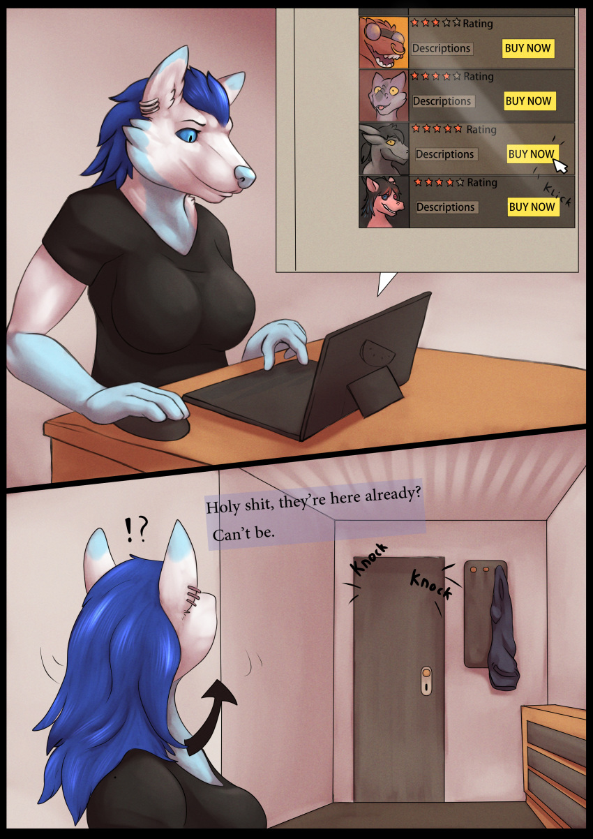 absurd_res anthro blue_eyes breasts canid canine clothed clothing comic computer ear_piercing english_text female fox hi_res kiro kobold laptop living_room lizardlars mammal nara nill piercing solo text