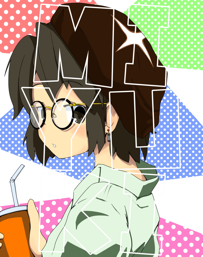 1girl absurdres alternate_costume bespectacled black_eyes black_hair commentary_request cup disposable_cup dress dress_lift drinking_straw earrings glasses green_shirt highres jewelry kantai_collection looking_at_viewer miyuki_(kantai_collection) multicolored multicolored_background parted_lips shirt short_hair solo suzunone_rin tumbler upper_body