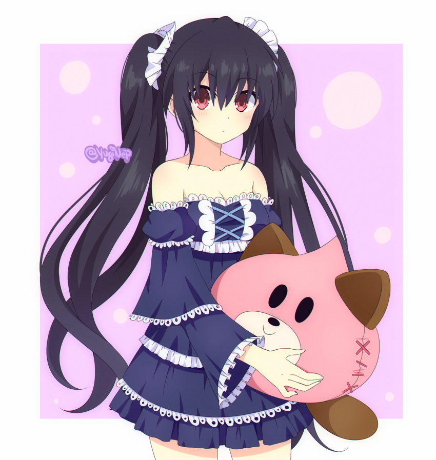 1girl absurdres bare_shoulders black_hair breasts caro-xy cleavage dogoo dress hair_ornament highres huge_filesize long_hair looking_at_viewer medium_breasts neptune_(series) noire red_eyes ribbon solo standing twintails very_long_hair