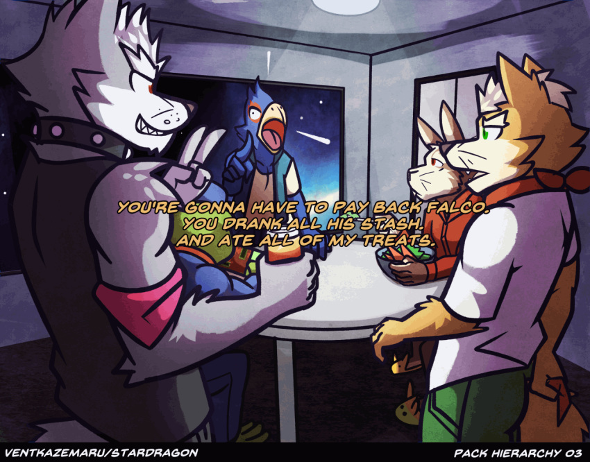 anthro canid canine canis collar eye_patch eyewear falco_lombardi fox fox_mccloud male mammal neckerchief nintendo pack_heirarchy peppy_hare slippy_toad star_fox text ventkazemaru video_games whiskers wolf wolf_o'donnell
