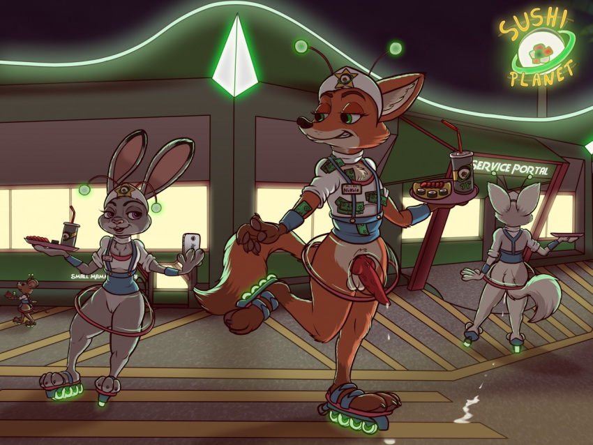 anthro balls bottomless butt canid canine clothed clothing cum cum_drip disney dripping ejaculation erection female food fox hat helenalachette judy_hopps knot lagomorph male mammal money nick_wilde night penis phone pussy rollerskates seductive see_through_skirt smile zootopia
