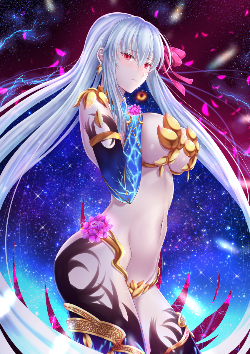 1girl absurdres armlet armor bangs bikini_armor black_hole black_legwear blue_gloves blush breasts closed_mouth cowboy_shot earrings elbow_gloves electricity eyebrows_visible_through_hair fate/grand_order fate_(series) flower from_side frown gloves hair_ribbon hands_on_own_chest highres jewelry kama_(fate/grand_order) large_breasts long_hair looking_at_viewer looking_to_the_side navel nose_blush penguintake petals pink_eyes pink_flower pink_ribbon ribbon shoulder_armor silver_hair solo space sparkle stomach thighhighs thighlet very_long_hair