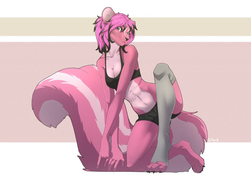 anthro breasts clothed clothing eamart female fluffy fluffy_tail fur hair looking_at_viewer mammal navel rodent sciurid simple_background solo