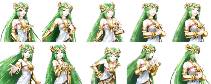 1girl arm_out bending_forward clasped_hands dress expressions eyes_closed female finger_on_cheek goddess green_hair hand_on_own_chest highres kid_icarus kid_icarus_uprising long_hair necklace nintendo official_art palutena shocked smile super_smash_bros. thinking video_games white_dress