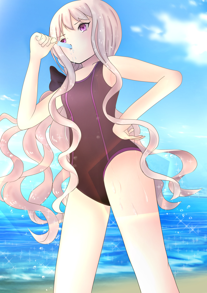 &gt;:o 1girl absurdres beach blue_sky drooling eating food from_below gothic_wa_mahou_otome hand_on_hip highres holding holding_food lavender_hair lens_flare long_hair looking_afar ocean one-piece_swimsuit popsicle purple_eyes rosalie_(gothic_wa_mahou_otome) sky solo sparkle swimsuit thighs very_long_hair white_hair