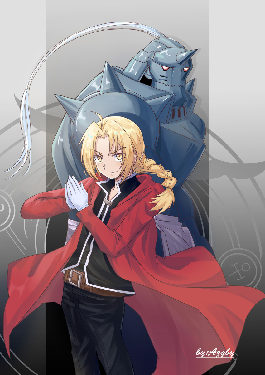 2boys ahoge alphonse_elric armor artist_name azgby black_pants black_skirt blonde_hair braid braided_ponytail cape edward_elric floating_hair full_armor fullmetal_alchemist gloves hair_intakes helmet highres long_hair long_sleeves looking_at_viewer male_focus multiple_boys pants red_cape single_braid skirt white_gloves yellow_eyes