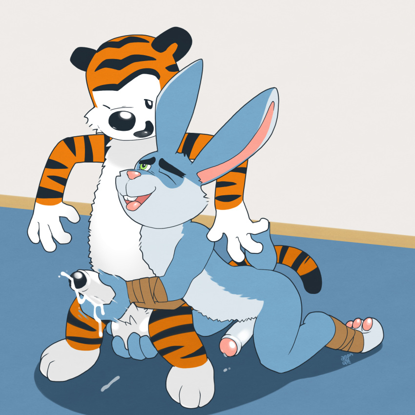 2019 3_toes 4_fingers anthro anthro_on_anthro argon_vile ball_fondling balls blue_fur buckteeth bunnymund calvin_and_hobbes cum cum_on_ground cum_on_hand cum_on_penis cumshot duo ejaculation erection eye_contact felid fondling front_view fur green_eyes handjob hi_res hobbes humanoid_penis inside kneeling lagomorph leporid looking_at_another male male/male mammal motion_lines nude one_eye_closed open_mouth orange_fur orgasm pantherine penis rabbit sex signature smile standing teeth tiger toes tongue tongue_out uncut