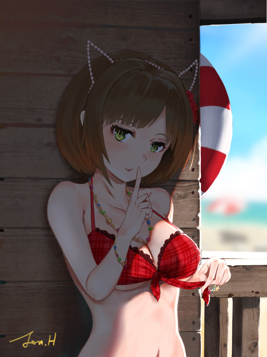 1girl absurdres against_wall animal_ears bangs bare_arms bare_shoulders bikini_top breasts brown_hair cat_ears cleavage collarbone day fake_animal_ears fang finger_to_mouth green_eyes highres idolmaster idolmaster_cinderella_girls index_finger_raised jewelry jonathan_h lifebuoy looking_at_viewer maekawa_miku medium_breasts naughty_face navel necklace outdoors plaid_bikini_top red_bikini_top short_hair shushing signature solo underboob untying upper_body wooden_wall