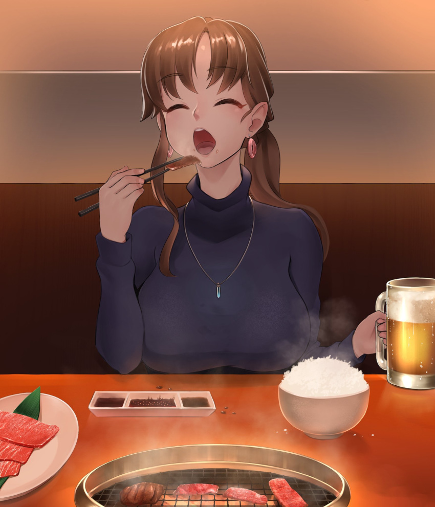 1girl bangs black_shirt bowl breasts brown_hair chopsticks earrings eating eyebrows_visible_through_hair eyes_closed food food_on_face grill highres jewelry large_breasts long_hair long_sleeves meat necklace open_mouth original pink_earrings plate rice shichirin shirofugu shirt solo upper_body yakiniku