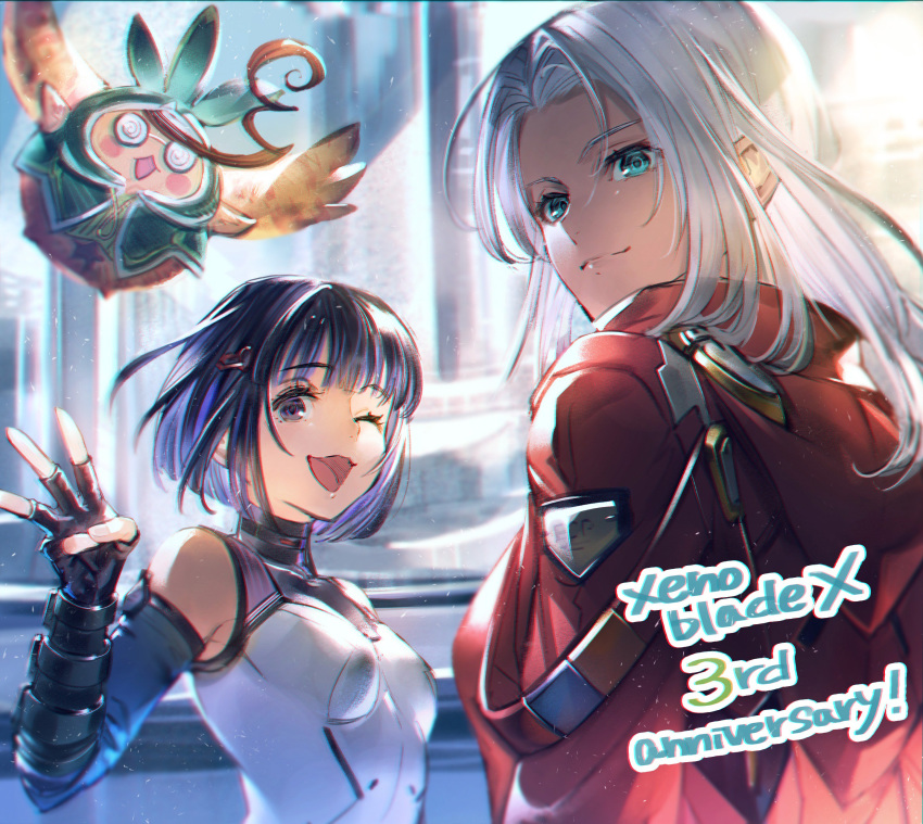 2girls ;d absurdres anniversary bare_shoulders black_gloves black_hair blue_eyes bomssp breasts chromatic_aberration closed_mouth dark_skin elma_(xenoblade_x) fingerless_gloves gloves hair_ornament highres long_hair looking_at_viewer lynlee_kuu multiple_girls nintendo nopon one_eye_closed open_mouth purple_eyes short_hair silver_hair small_breasts smile straight_hair tatsu_(xenoblade_x) turtleneck xenoblade_(series) xenoblade_chronicles_x