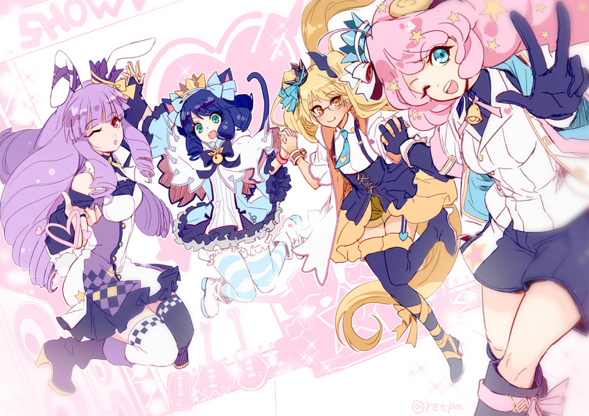 4girls ahoge alternate_costume animal_ears bangs bell blonde_hair bloomers blue_eyes blue_hair blunt_bangs boots bunny_ears bunny_girl bunny_tail capelet cat_ears cat_girl cat_tail chuchu_(show_by_rock!!) crown cyan_(show_by_rock!!) dark_skin detached_sleeves dog_tail drill_hair fangs glasses hair_ornament hand_holding heart high_heel_boots high_heels horns instrument jingle_bell jumping knee_boots long_hair looking_at_viewer moa_(show_by_rock!!) multiple_girls necktie one_eye_closed open_mouth pink_hair purple_hair red_eyes retoree retpa ribbon sheep_girl sheep_horns shorts show_by_rock!! smile sparkle star striped striped_legwear tail thigh_boots thighhighs twintails underwear v very_long_hair yellow_eyes