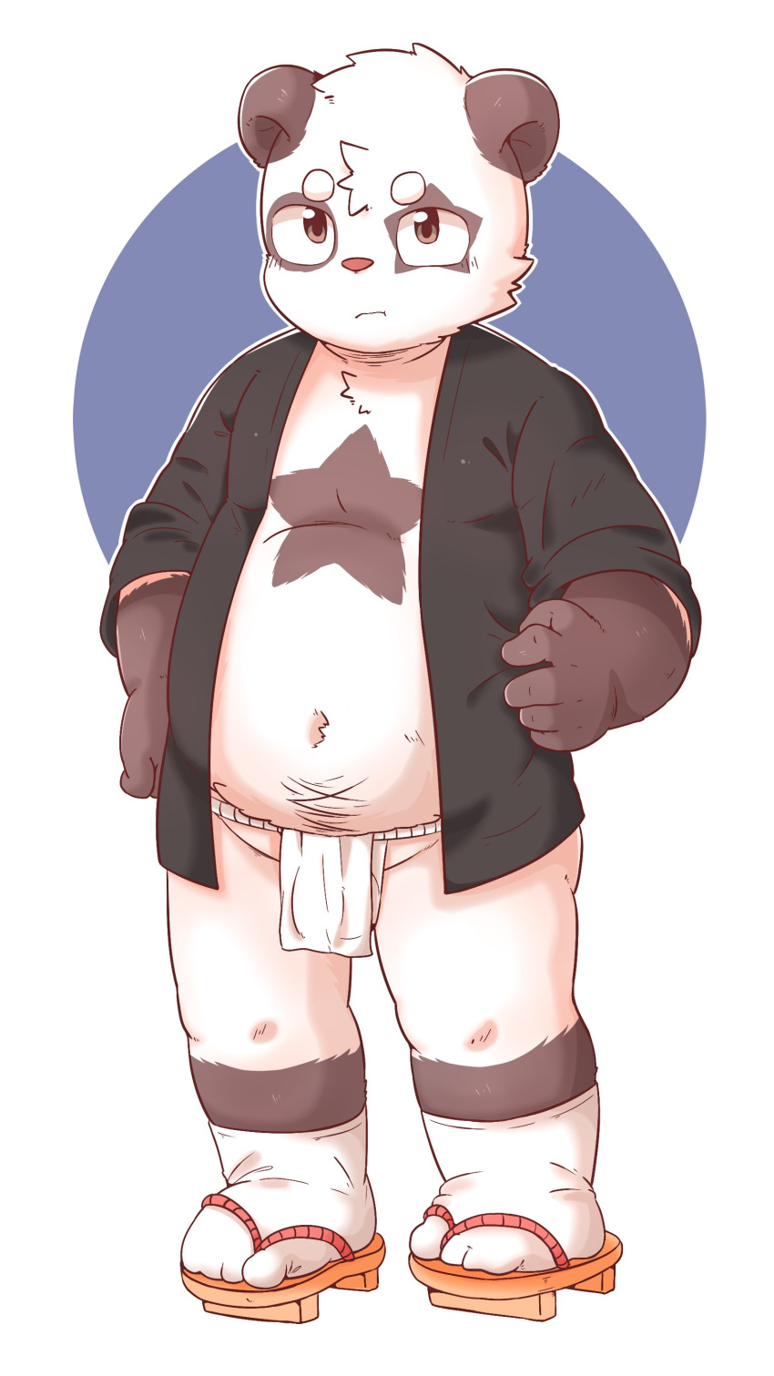 anthro clothed clothing cub footwear giant_panda loincloth male mammal navel open_shirt sandals slightly_chubby solo standing star_marking ursid xiao_weiba young