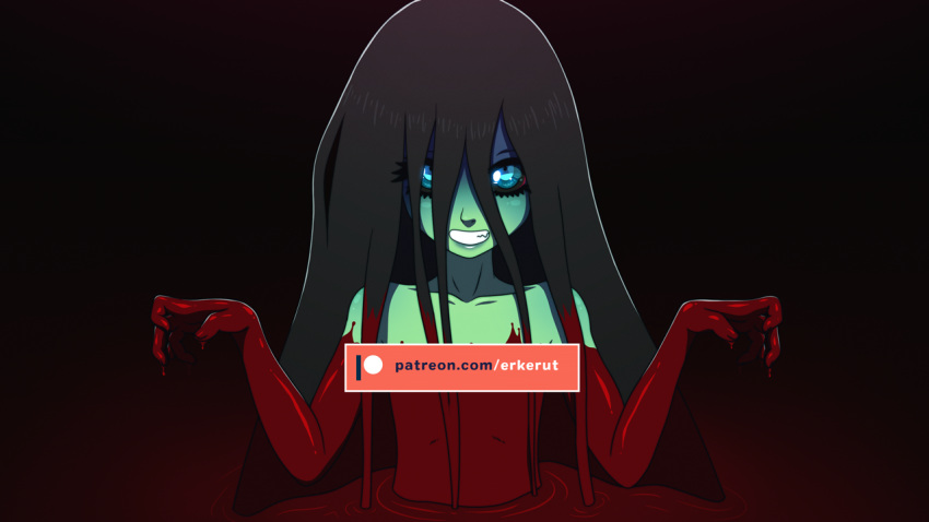 1girl black_background black_hair black_sclera blood blue_eyes erkerut ghost long_hair smile solo