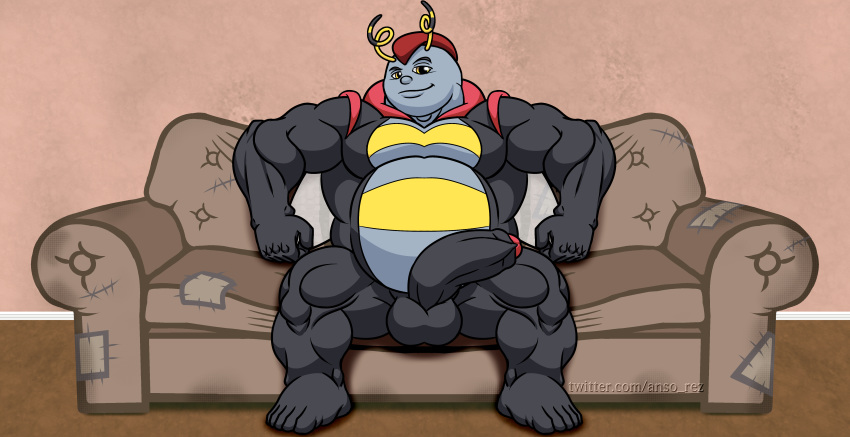 2019 absurd_res anso/rez anthro anthrofied arthropod balls barefoot biceps big_balls big_muscles big_penis digital_media_(artwork) hair half-erect hi_res humanoid humanoid_penis insect insect_wings looking_at_viewer male mohawk musclegut muscular muscular_male nintendo nude pecs penis pok&eacute;mon pok&eacute;mon_(species) pok&eacute;morph red_hair resting sitting slightly_chubby smile sofa solo spread_legs spreading thick_thighs toes uncut video_games volbeat wings yellow_eyes