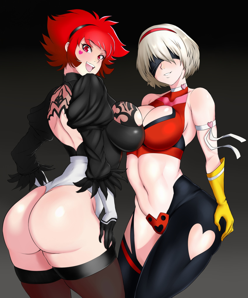 2girls android ass ass_grab back back_cutout backboob black_background black_gloves black_hairband breast_press breasts choker cleavage cleavage_cutout cosplay costume_switch crossover curvy cutie_honey cutie_honey_(character) female from_behind gloves hairband heart heart_cutout highleg highleg_leotard highres huge_ass kisaragi_honey leotard magical_girl makeup medium_breasts midriff mkonstantinov multiple_girls navel nier_(series) nier_automata open_mouth re:_cutie_honey red_eyes red_hair shiny shiny_hair shiny_skin short_hair silver_hair smile solo symmetrical_docking tattoo thick_thighs thighhighs thighs thong_leotard tongue tongue_out yorha_no._2_type_b