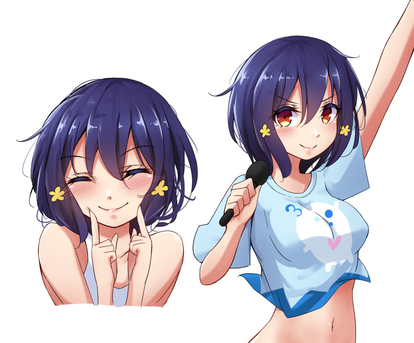 1girl ^_^ bangs blue_hair blue_shirt blush breasts closed_eyes closed_mouth crop_top dark_blue_hair erect_nipples eyebrows_visible_through_hair eyes_closed flower hair_between_eyes hair_flower hair_ornament hands_up highres holding holding_microphone index_finger_raised looking_at_viewer medium_breasts microphone mistynight mizuno_ai navel_cutout red_eyes shirt short_sleeves simple_background t-shirt upper_body v-shaped_eyebrows white_background yellow_flower zombie_land_saga