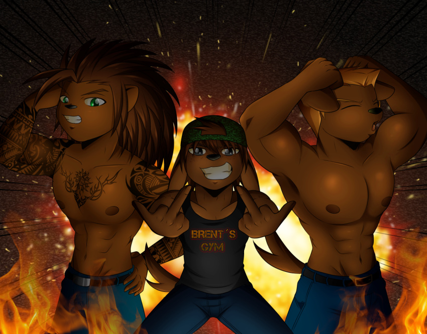 animal_strife black_eyes blonde_hair brown_fur brown_hair canid canine canis clothed clothing domestic_dog eulipotyphlan explosion fire_conejo fur green_eyes hair hat hedgehog invalid_tag male mammal muscular pose sleevless_shirt spikes tattoo topless