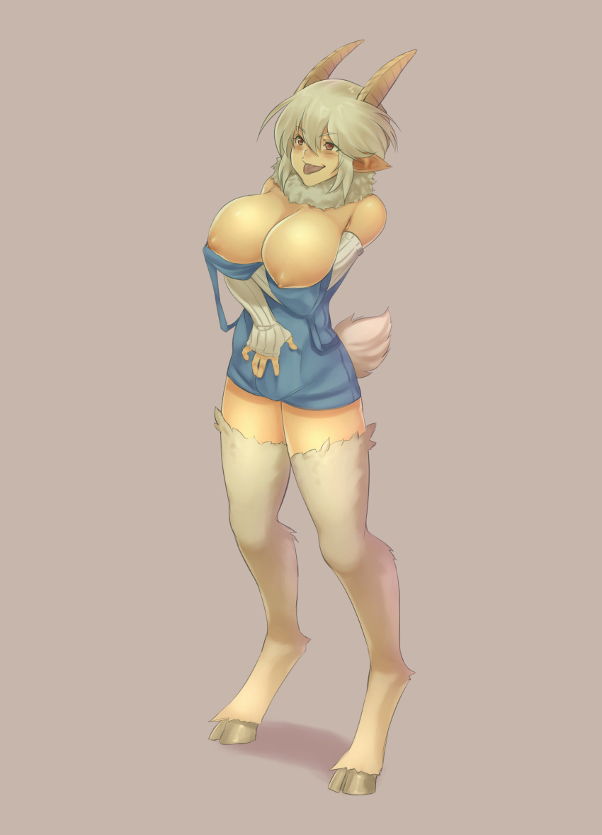 2018 5_fingers big_breasts blonde_hair bovid breasts caprine clothed clothing digital_media_(artwork) exposed_breasts female fur goat hair hi_res hooves horn humanoid mammal monster_girl_(genre) neck_tuft nipples overalls pointy_ears red_eyes satyr simple_background smile solo splayta standing tan_fur tongue tongue_out tuft undressing