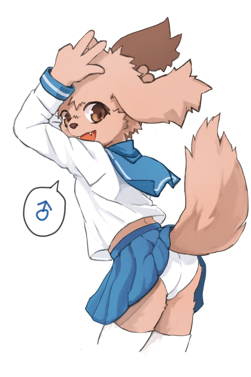 anthro brown_eyes brown_fur bulge canid canine canis clothed clothing crossdressing domestic_dog fur girly hi_res legwear looking_at_viewer looking_back male mammal naegi open_mouth panties presenting school_uniform skirt socks solo standing student underwear uniform v_sign white_underwear young ♂