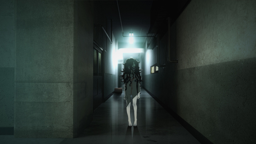 1girl 3d_background barefoot black_sclera curly_hair erkerut feet full_body ghost highres horror_(theme) nude scar tagme undead