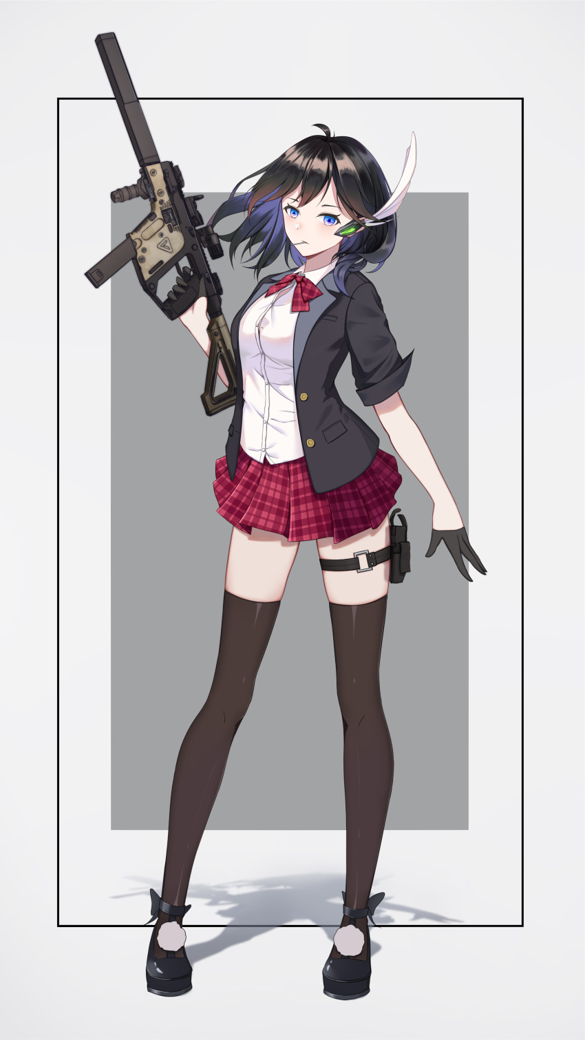 1girl absurdres ahoge akinaz black_hair black_legwear blazer blue_eyes bow candy chinese_commentary commentary_request earpiece finger_on_trigger food full_body gloves gun highres holding holding_gun holding_weapon holster jacket kriss_vector lollipop mary_janes medium_hair mouth_hold original plaid plaid_skirt pleated_skirt school_uniform shoes simple_background skirt solo submachine_gun suppressor thigh_holster thighhighs weapon