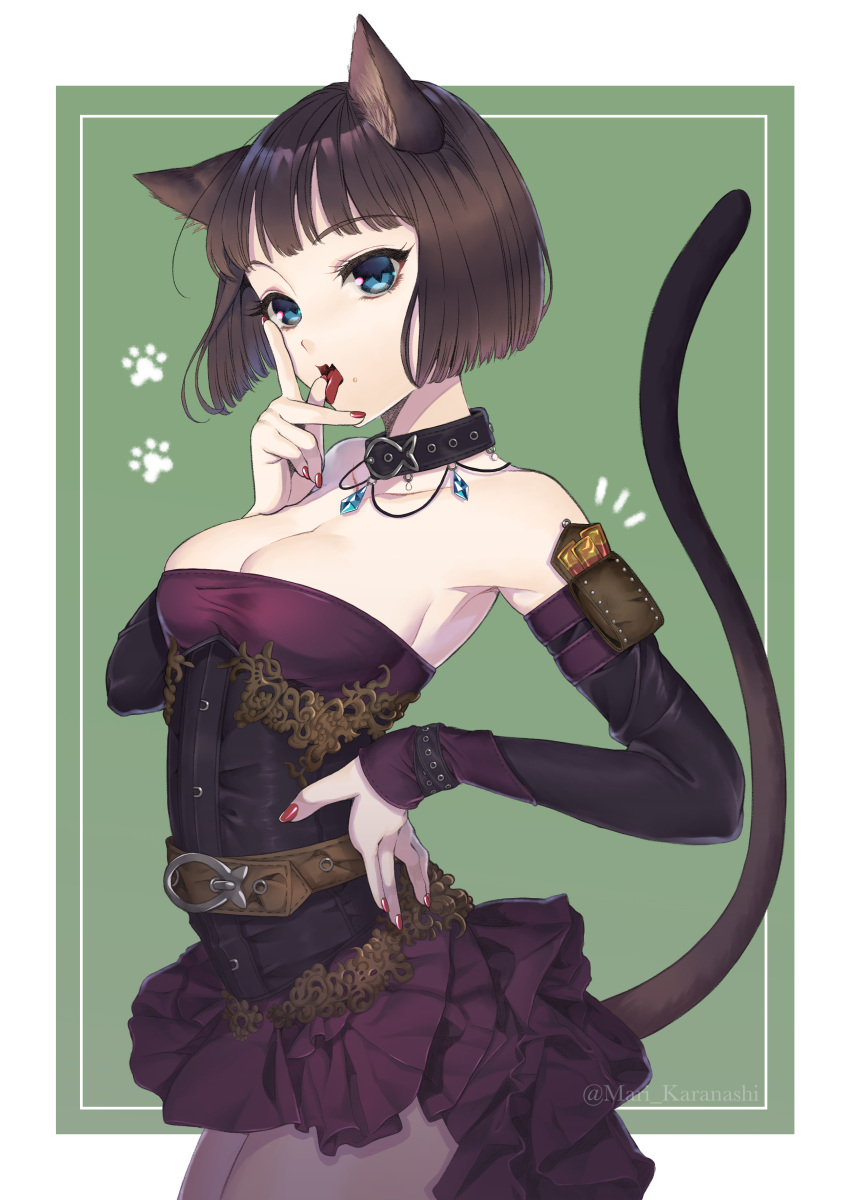 1girl absurdres animal_ear_fluff animal_ears arm_pouch bare_shoulders belt blue_eyes bob_cut breasts brown_hair cat_day cat_ears cat_girl cat_tail cleavage collar commentary corset detached_sleeves dress eyebrows_visible_through_hair fang finger_licking hand_on_hip highres karanashi_mari licking looking_at_viewer medium_breasts nail_polish original paw_print short_hair simple_background solo strapless strapless_dress tail tongue tongue_out twitter_username