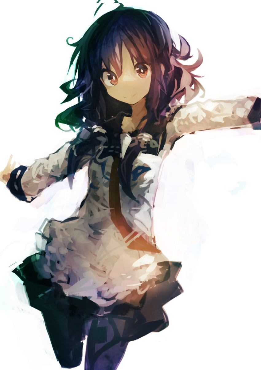 1girl absurdres ahoge apron backlighting bangs cowboy_shot hair_between_eyes hair_flaps hair_ribbon highres kaamin_(mariarose753) kantai_collection long_hair looking_at_viewer low_twintails neckerchief outstretched_arms pleated_skirt purple_hair red_eyes ribbon school_uniform serafuku skirt smile solo taigei_(kantai_collection) thighhighs twintails white_background
